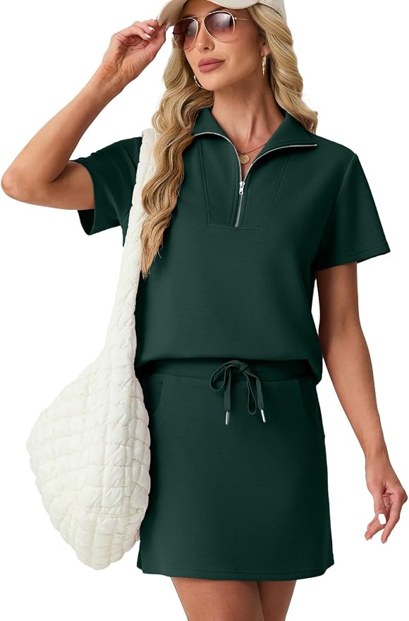 GRECERELLE Women's Summer 2 Piece Skort Set Half Zip Short Sleeve Top & Pocketed Tennis Skirt For Sports & Vacations.