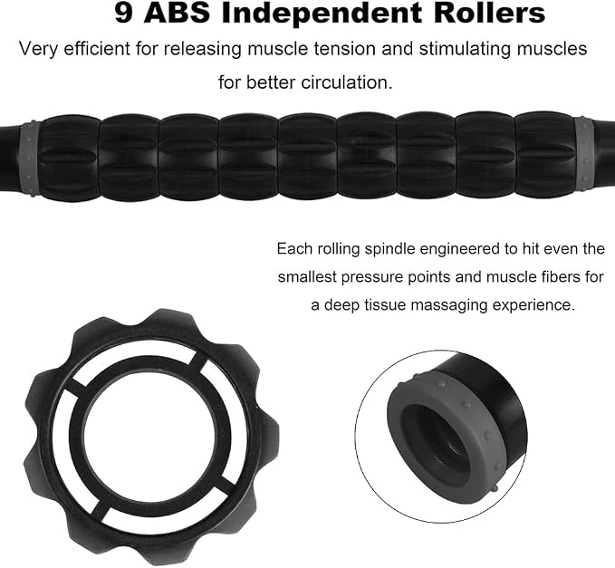 YANSYI Professional 9-Roller Deep Tissue Massage Stick - Portable Muscle Recovery Roller for Athletes, Relieves Post-Workout Soreness & Leg/Back Pain - Portable Physio Tool (Gray)