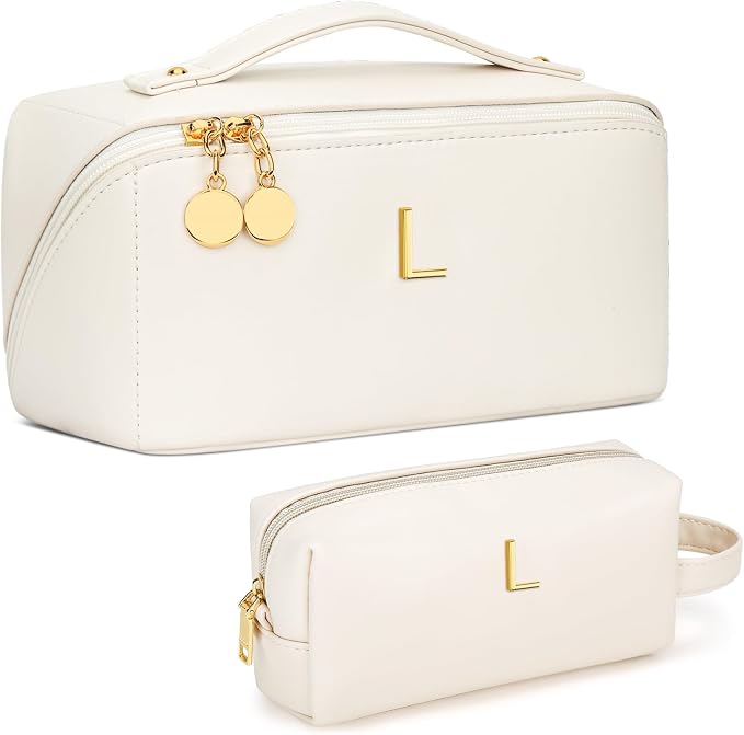 KKXIU Initial Makeup Bag for Women - Personalized Makeup Bag Gifts for Women, Travel Toiletry Bag with PU Leather, Open Flat Design with Top Handle, Cosmetic Bag Set with Multi-Pocket (Beige,L)