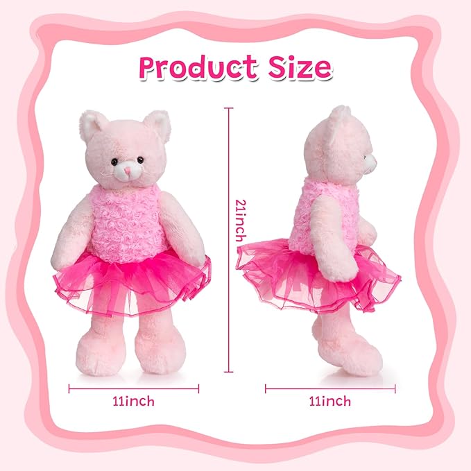 Ballerina Cat Stuffed Animal Cute Plush Cat in Tutu Skirt Birthday Dance Recital Gifts for Girls Kids 21’’ Pink