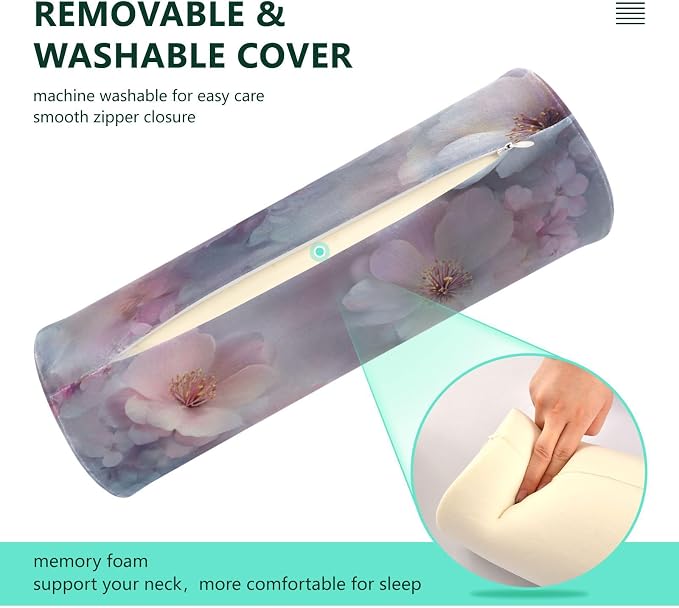 Blue Purple Cherry Blossoms Neck Roll Pillow Bolster Round Health Memory Foam Long Cervical Cylinder Pillows with Removable Washable Cover for Body Bed Legs Back Yoga