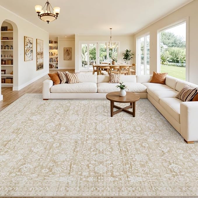 10x14 Area Rug for Living Room: Vintage Boho Neutral Washable Rug Indoor Soft Large Area Rug Carpet for Bedroom Nursery Farmhouse Dining Room Office Floor Non-Slip Low Pile Under Table Natural Beige