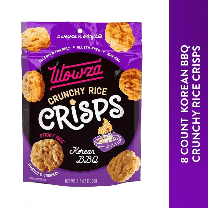 Wowza Korean BBQ Crunchy Rice Crisps | Gluten Free Snack, Non-GMO, 8 Pack | Sweet smoky flavor, Healthy chip alternative, Kid-friendly, 3.5 oz bags, No artificial flavors, Allergen-friendly, Bold kick