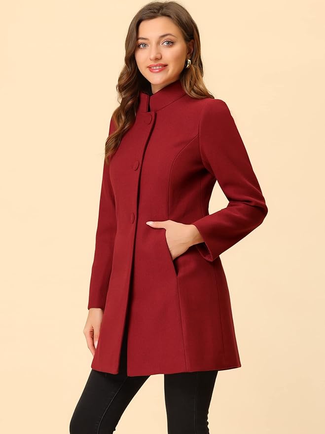 Allegra K Women's Winter Overcoat Mid-Long Stand Collar Single Breasted Coat Outerwear