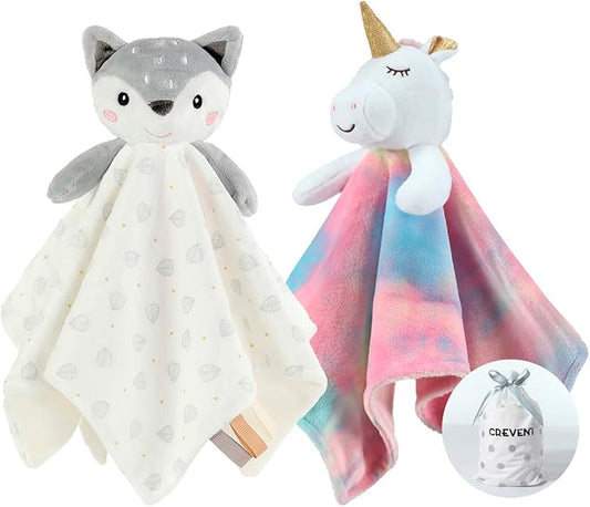 CREVENT Cozy Plush Baby Security Blanket, Loveys for Baby Girls and Boys, Birthday (Unicorn + Deer)