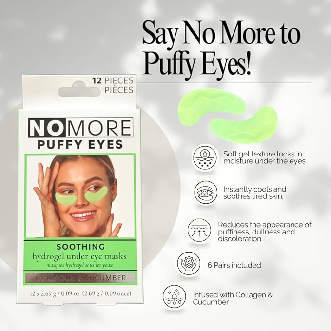Danielle Creations Anti-Puffiness Puffy Under Eyes No More Hydrogel Undereye Masks for Dark Circles with Collagen & Cucumber, 6 Pairs