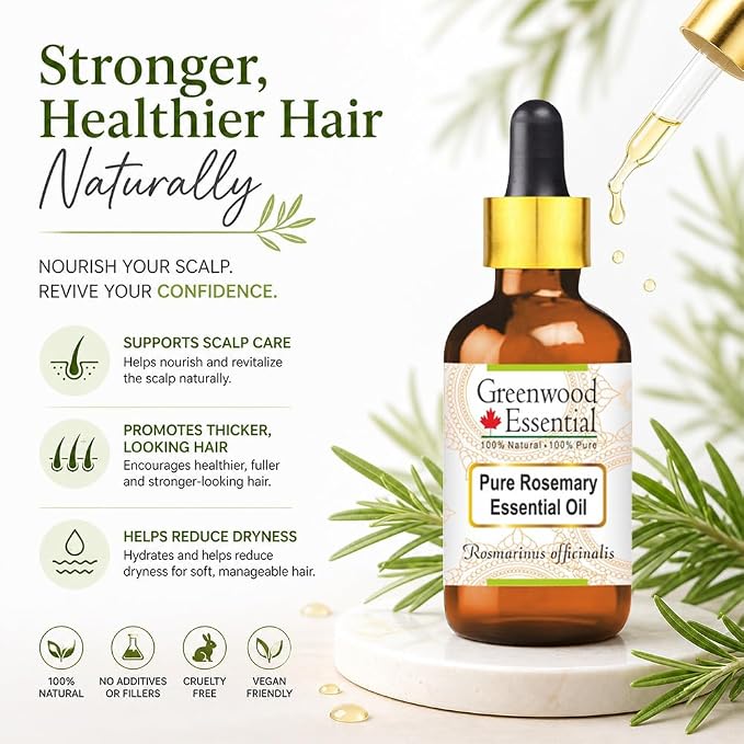 Greenwood Essential Pure Rosemary Essential Oil (Rosmarinus officinalis) with Glass Dropper Steam Distilled 50ml (1.69 oz)