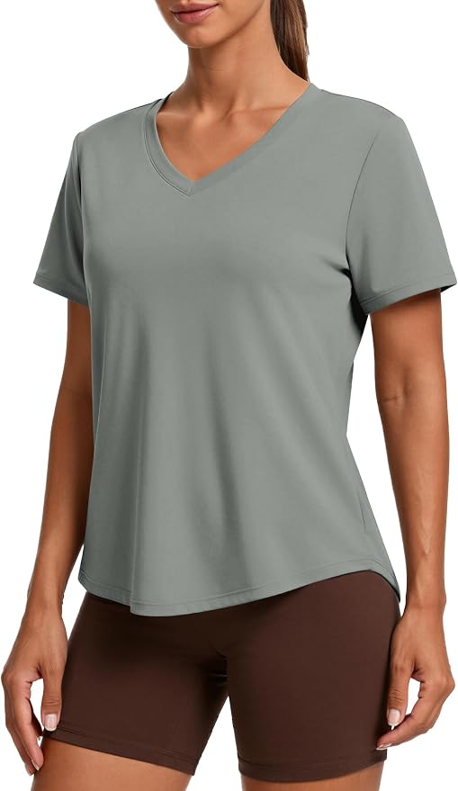 PINSPARK Soft Workout Tops for Women Short Sleeve V Neck Moisture Wicking UPF 50+ Sun Protection Quick Dry Gym Shirts