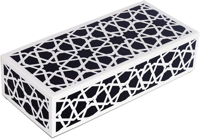Handicrafts Home Decorative Storage Box with Lid, Black and White Moroccan Zellij Box, Coffee Table Remote Organizer, Geometric Keepsake Box for Living Room, Shelf & Hallway Decor, Zellij 10x4.5x2.5