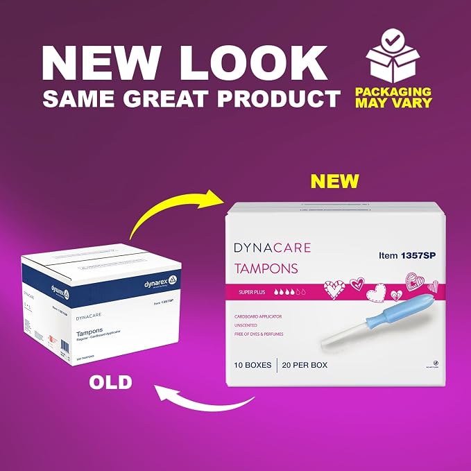 Dynarex Super Plus Tampons – Bulk Feminine Hygiene Product with Plastic Applicator – 6 Hour Protection – 10 Boxes of 20 Total Tampons