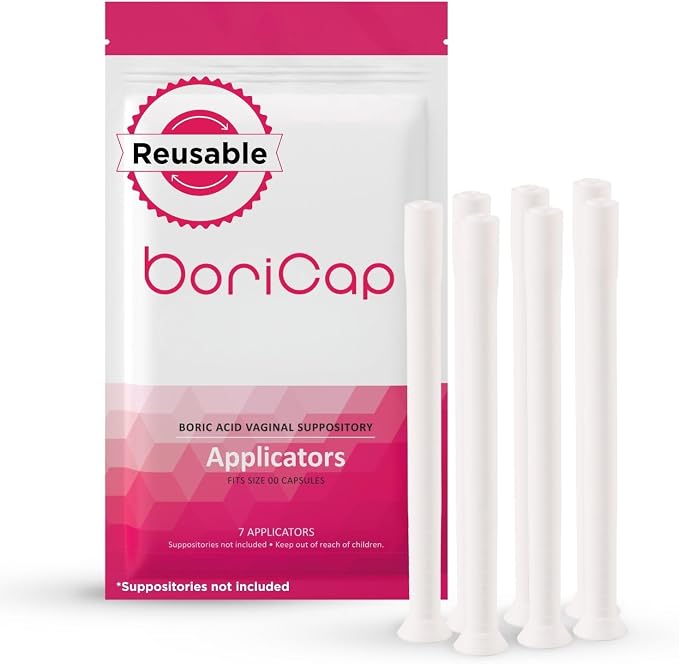 BoriCap Boric Acid Vaginal Suppository Applicators - Washable & Reusable Easy Glide Feminine Applicator for Size 00 Suppositories, Ribbed Grip, Storage Pouch Included, Made in USA - 7 Count