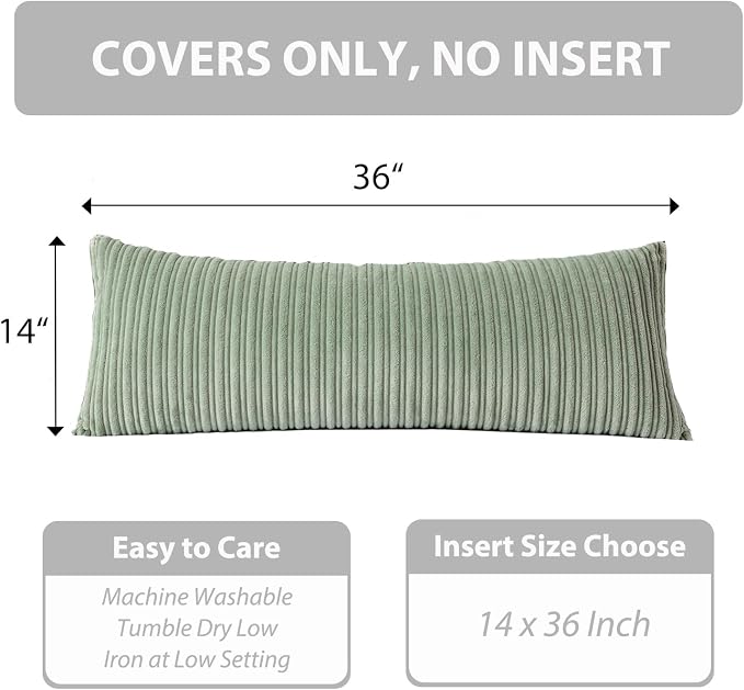 UGASA 14x36 Inch Pillow Cover Pack of 1 Soft Boho Stripe Corduroy Large Long Rectangular Lumbar Cushion Cover Farmhouse Decorative Throw Pillowcase for Bed Couch Sofa Bedroom Living Room Sage Green