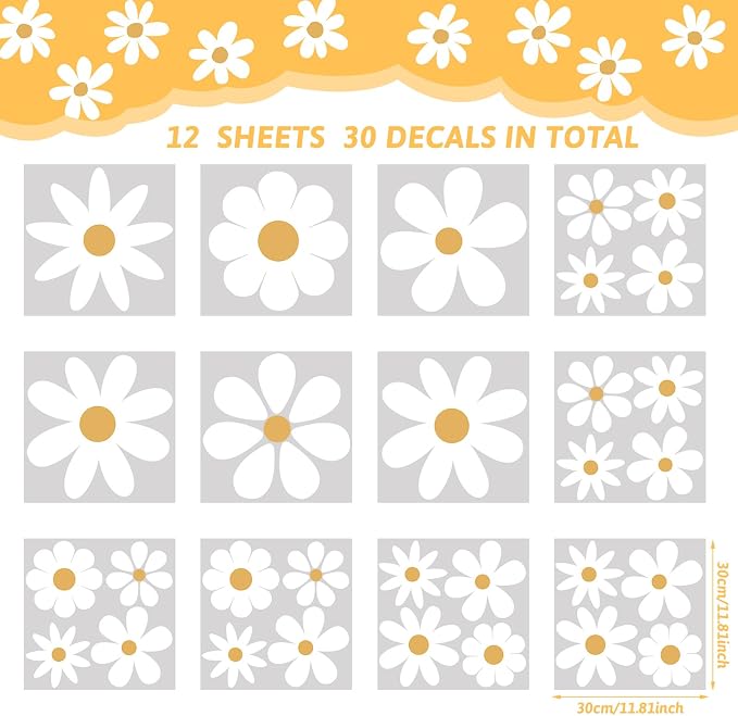 TaoBary 12 Sheet Daisy Wall Sticker Decal,White, Yellow,Classic Style | Big Flower Wall Sticker, Pink White Floral Decal, Daisy Bedroom Room Decor, Removable Peel and Stick, Nursery Home Wall Decor