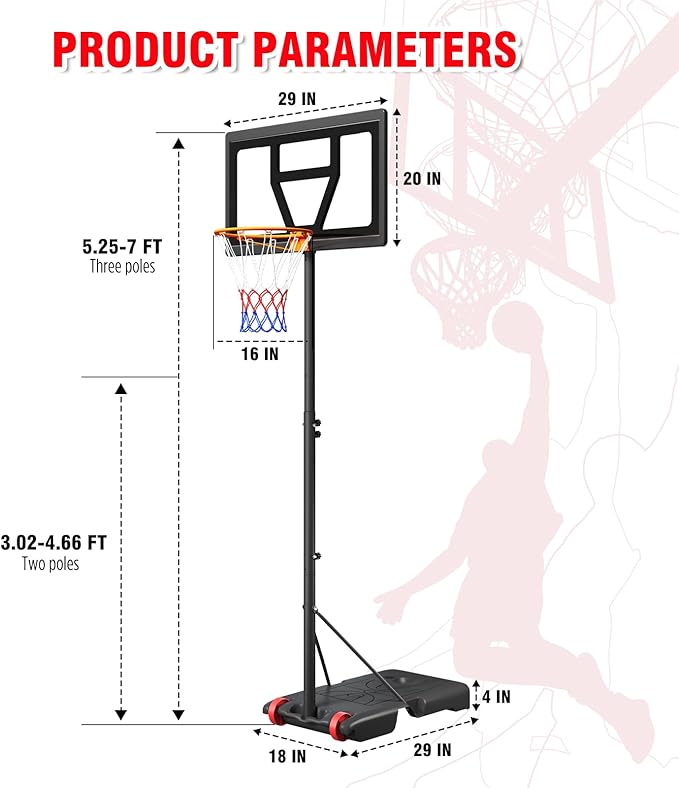 Yohood Kids Basketball Hoop Outdoor Height Adjustable 3-7 FT, Portable Basketball Goal System for Kids Youth Teens in Backyard/Driveway/Indoor, Shatterproof Backboard and Stable Base
