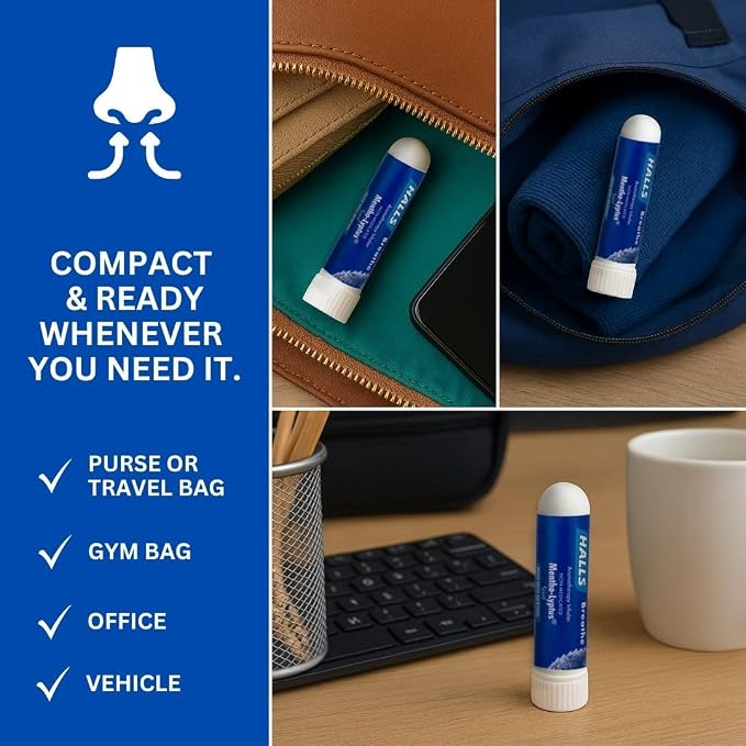 HALLS Nausea Relief Nasal Stick – Breathe Mentho-Lyptus, 100% Pure Essential Oils, Aromatherapy Nasal Stick for Sinus Relief, Stress & Craving Management, Mentho-Lyptus Scent, 2-Pack, Non-Medicated