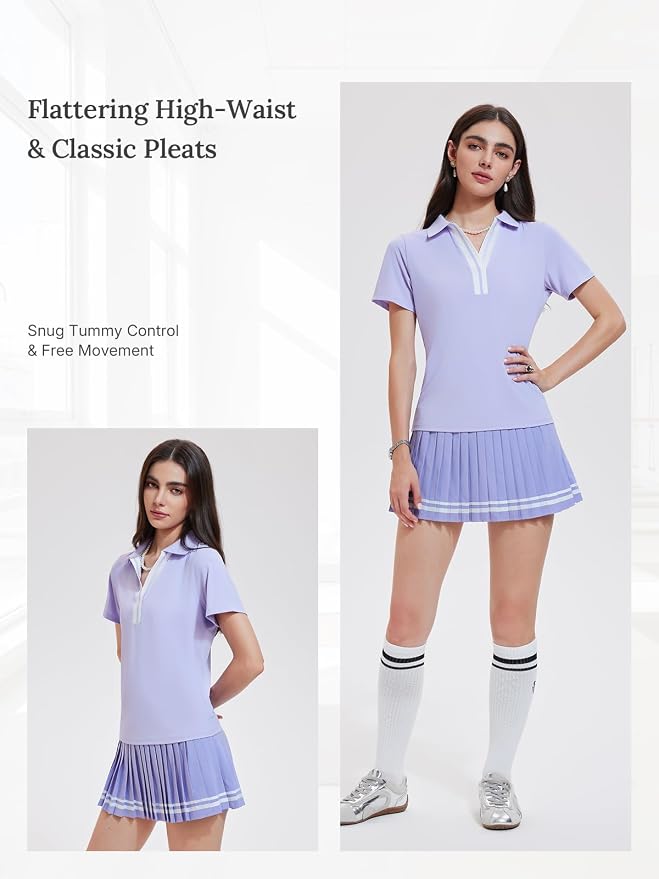 Women 2 Piece Tennis Skirt Set Pleated Golf Outfit, Polo V-Neck Athletic Dress Alternative Skort Set for Pickleball Pockets
