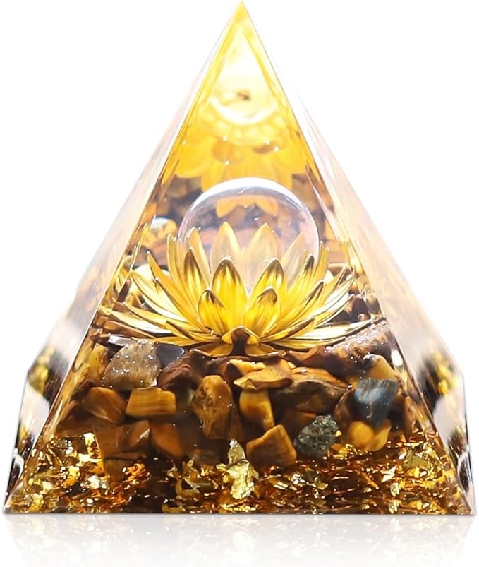 Orgone Pyramid with Healing Crystals - (Flower of Life) - Energy Generator for Positive Vibe, Stress Relief & Chakra Reiki Meditation - Spiritual Gift for Success, Wealth & Prosperity (Golden)