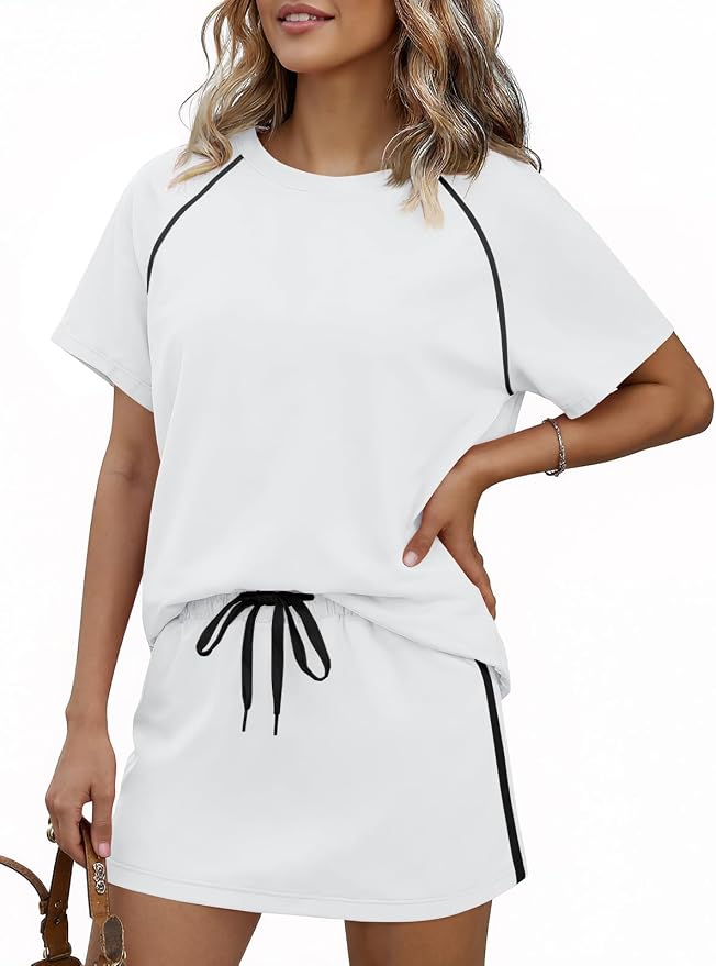 Womens 2 Piece Skirt Sets Summer Tennis Outfits Vacation Skort Set | Two Piece Sets, Short Set, Athletic Workout Golf Outfits, Crew Neck, Color Block, Drawstring, Workout Mathcing Lounge Sets