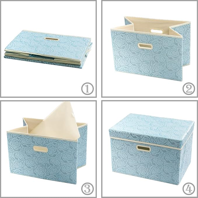 Stackable Storage Cubes with Lids [5-Pack] Fabric Decorative Storage Box Bins Organizer Containers Baskets with Cover Handles Divider for Bedroom Closet Living Room Blue 14.9x9.8x9.8 Inch