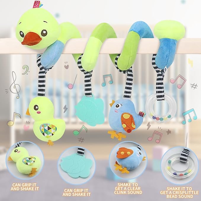 Baby car seat Toys, Activity Spiral hangings pram Toys, Plush Crib Toys with Squeaky for boy or Girl (Duck)