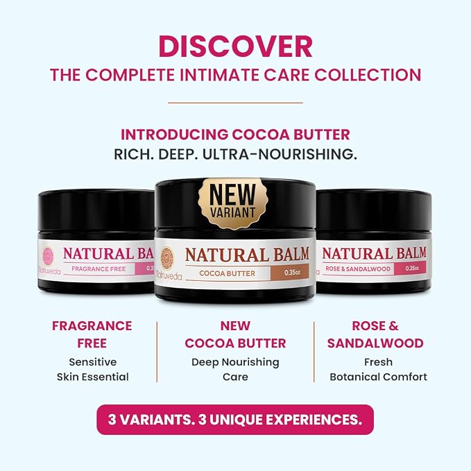 Natruveda Vulva Balm Discovery Pack – Fragrance-Free,Cocoa & Rose Sandalwood | Feminine Moisturizer for Dryness, Itching, Chafing & Odor | Natural Intimate Skincare – 0.35 oz Jars (3-Pack)