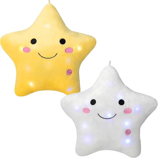 DearSun Set of 2pcs, 13'' Creative Twinkle Star Colorful Night Light Plush Pillows Light up Night Stuffed Toys Perfect for Birthday Christmas Holiday Valentines(Yellow+White)