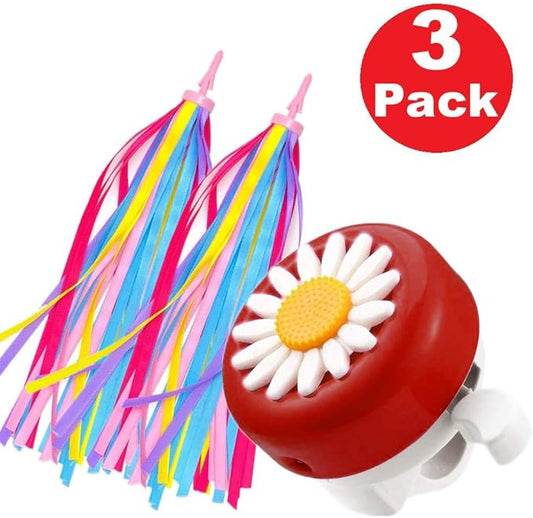 kortes 1 Pack Kids Bike Bell and 2 Pack Kids Bike Streamers for Children's Bike Accessories (Pink, Red,& Blue)