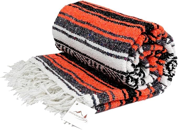 Open Road Goods Bulk Falsa Blankets - Handwoven Authentic Mexican Falsa - Great for Weddings, Yoga, Beach, Picnics, or Mexican Throw! (Orange/Black, 15 Pack)