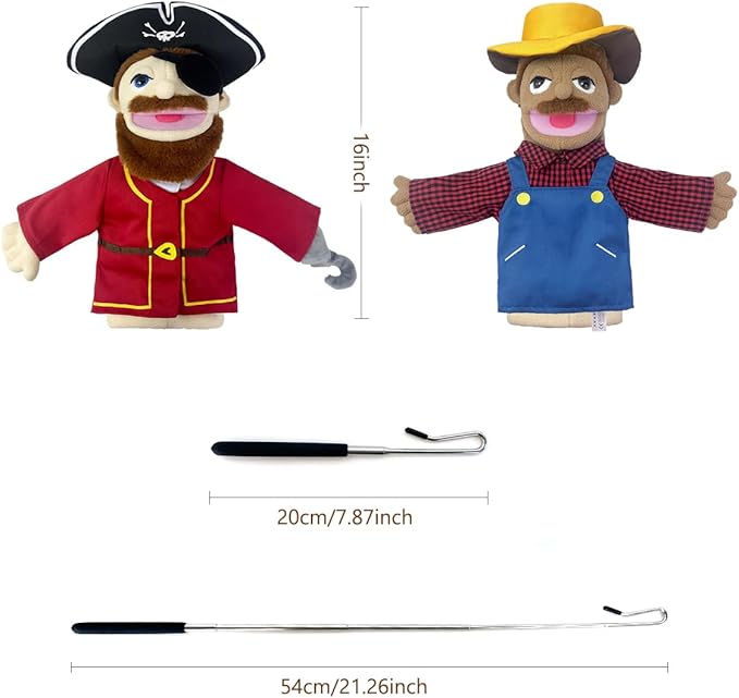 Professional Hand Puppets,2pcs Pirate Puppet and Farmer Hand Puppet for Kids Role Play,Teaching Puppet Stuffed Toys Character Puppets with Movable Mouth（02-Pirate&Farmer）