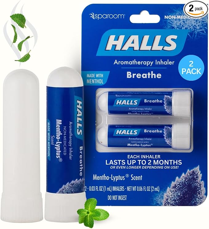 HALLS Nausea Relief Nasal Stick – Breathe Mentho-Lyptus, 100% Pure Essential Oils, Aromatherapy Nasal Stick for Sinus Relief, Stress & Craving Management, Mentho-Lyptus Scent, 2-Pack, Non-Medicated
