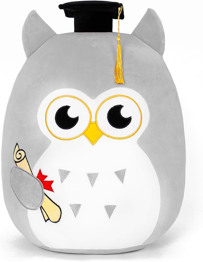 Graduation Plush, Soft Owl Stuffed Animals with Pink Body and Ears, Black Graduation Cap, Fringe and Diploma, Cute Pillow Toys Graduation Gifts for Her Girlfriend Lover Kids (Gray), Qwlgray