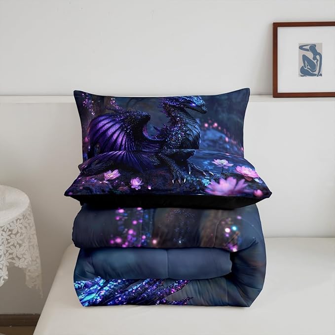 Feelyou Dragon Comforter Set Full Size Dragon Stuff Comforter for Boys Girls Teens Wild Life Bedding Set Flower Duvet Set Room Decor Black Purple Quilt Set
