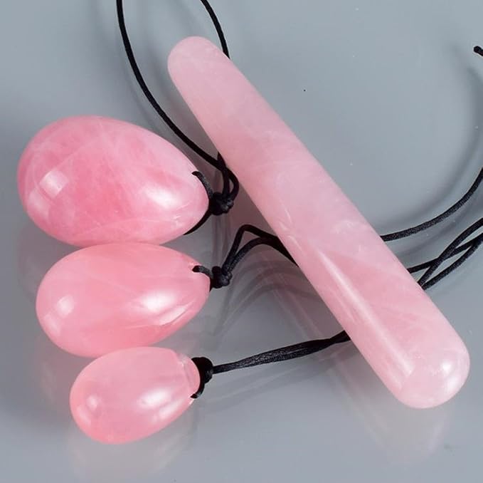 4Pcs Set Jade Yoni Eggs Stick,3 Pcs Drilled Natural Rose Quartz Crystal Jade Eggs Massage Stone + 1 Pcs Massage Stick for Women Kegel Exercise Strengthen Pelvic Floor Muscles
