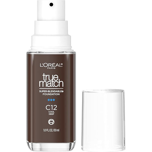 L'Oreal Paris True Match Super-Blendable Foundation, Medium Coverage Liquid Foundation Makeup, C12, Deep, 1 Fl Oz