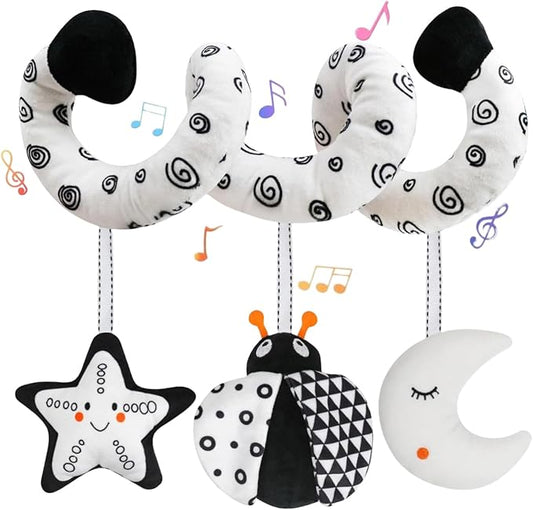 kizh Baby Hanging Stroller and Car Seat Toys High Contrast Baby Toys for Newborn Black and White Sensory Plush Activity Toy for Babies 0-6 Months-Bug