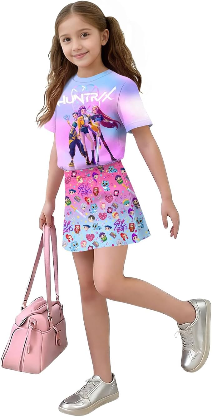 HTHLVMD K Pop Short Sleeve T-Shirt and Skirts Outfits Set for Girls Hunters Rumi Mira Zoey Graphic Tees De-Mon Costume