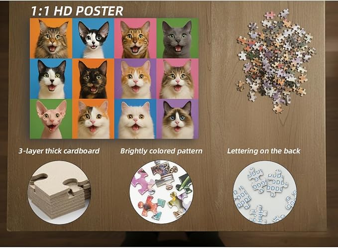 1000 Pieces Jigsaw Puzzles for Adults, Animal Series - Detailed Wildlife Art, Educational Family Game, Large 28" x 20", Great Gift for Animal Lovers & Home Decor（Cat Gallery）