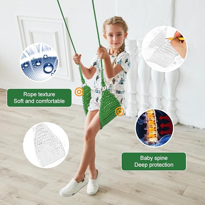 Hand-Knitting Kids Swing, Indoor Outdoor Portable Tree Swing Seat,Adjustable Ropes, with Hanging Strap and Snap Hook for Camping Hiking Backyard Playset and Playroom, Easy Install (Green)