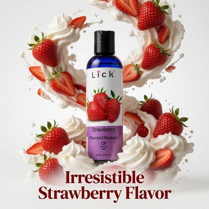 Lick Strawberry Flavored Massage Oil with Natural Vitamin E - Warming Edible Body Oil for Couples Massage, Smooth Long-Lasting, Sweet Almond & Coconut Oil, Moisturizing Skin for Men & Women, 4 oz