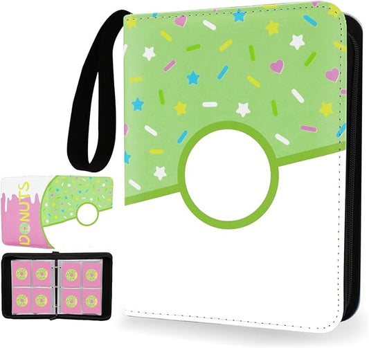4 Pocket Card Binder 400 Card Holder Album, Pink Donut Trading Cards Holder Zipper Binder for Girl Teen Collection (Green Donut, 400 Pocket)