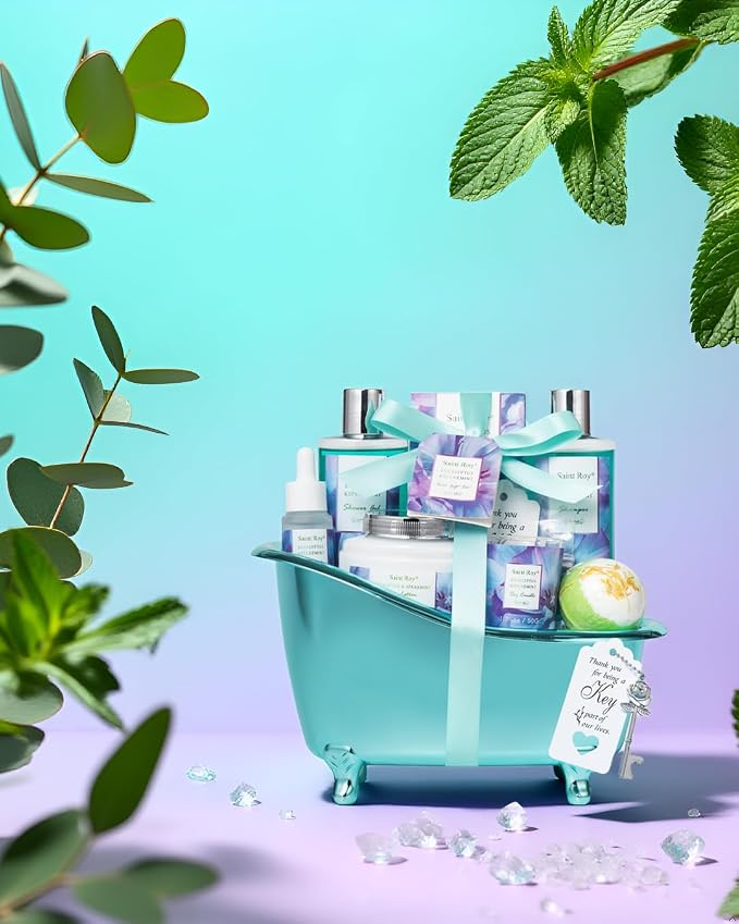 Bath and Body Basket Set, EUCALYPTUS & Mint Spa Gift Basket for Women | Unique Bath Gift Baskets Gifts, Home Spa Kit Christmas Gifts for Women, birthday gift baskets for Dad Mother's Day