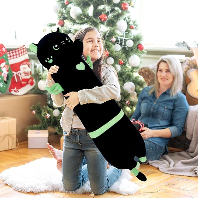Long Cat Body Pillow for Kids, Cute Cat Stuffed Animals Gifts for Girls, Long Cat Plush Toy for Birthday, Soft Cat Plushies Pillow (AngelCat Green, 43.3in/110cm)