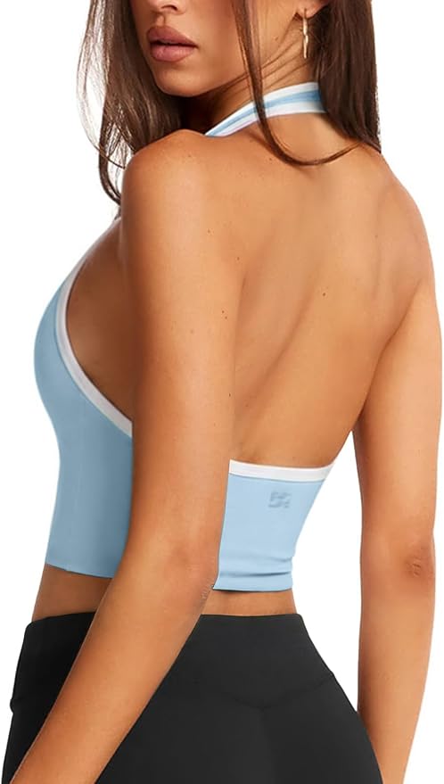 Halter Workout Top for Women: Open Back Sports Bra Color Block Tops with Built in Bra Yoga Gym Crop