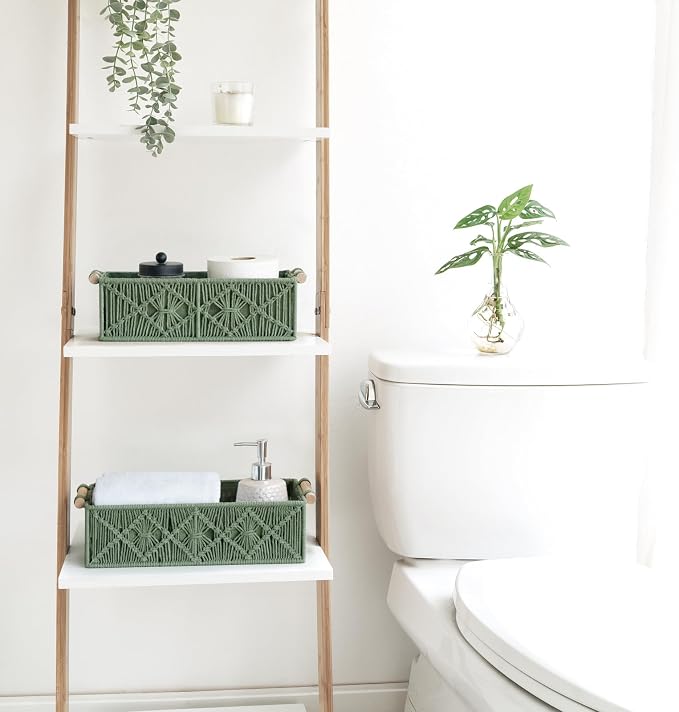 Mkono 2Pc Macrame Storage Basket, Boho Decor Toilet Paper Holder, Green | Small Baskets for Organizing, Hand-Woven, Bohemian Beach Coastal Decor, Shelf Vanity Cabinet Bedroom Living Room Office Dorm