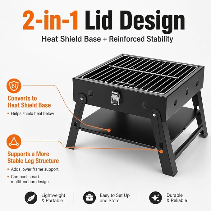 Small Portable BBQ Charcoal Grill: Mini Foldable Table Top Barbecue Grills | for Outdoor Cooking, Camping, Beach, Travel, Tailgates, Fathers Day Birthday Grilling Gift for Men Dad Husband