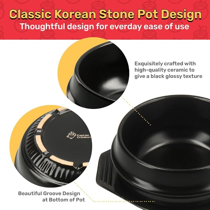 Korean Stone Pot Set, Dolsot Ttukbaegi Cookware, 38.7oz | 7 Piece Set, 38.7oz, Hot Pot Grip, For Bibimbap Soup Jjigae and Ramen, Ceramic Earthenware, Korean Soup Bowl