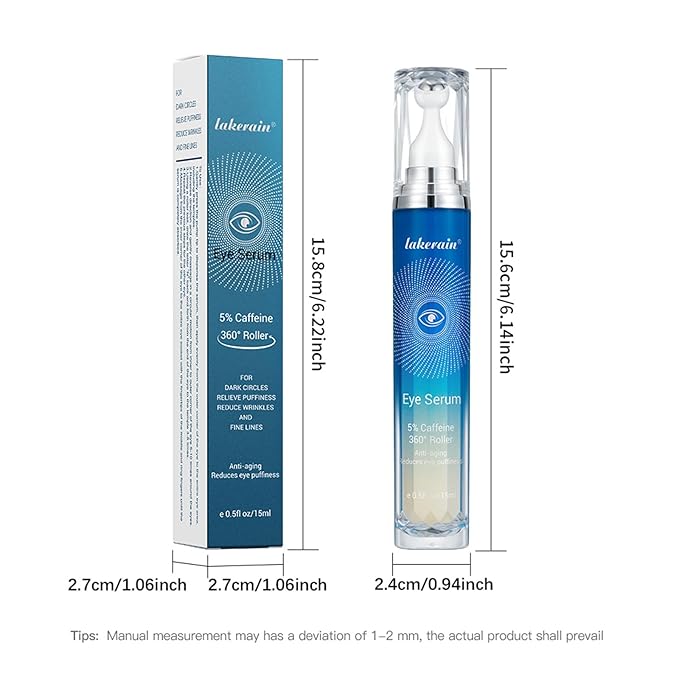 5% Caffeine Eye Serum with 360° Massage Roller Serum for Dark Circles & Relieve Puffiness, Reduce Wrinkles and Fine Lines, Bags, Tighten Lifting Under Eye Cream-0.5 OZ