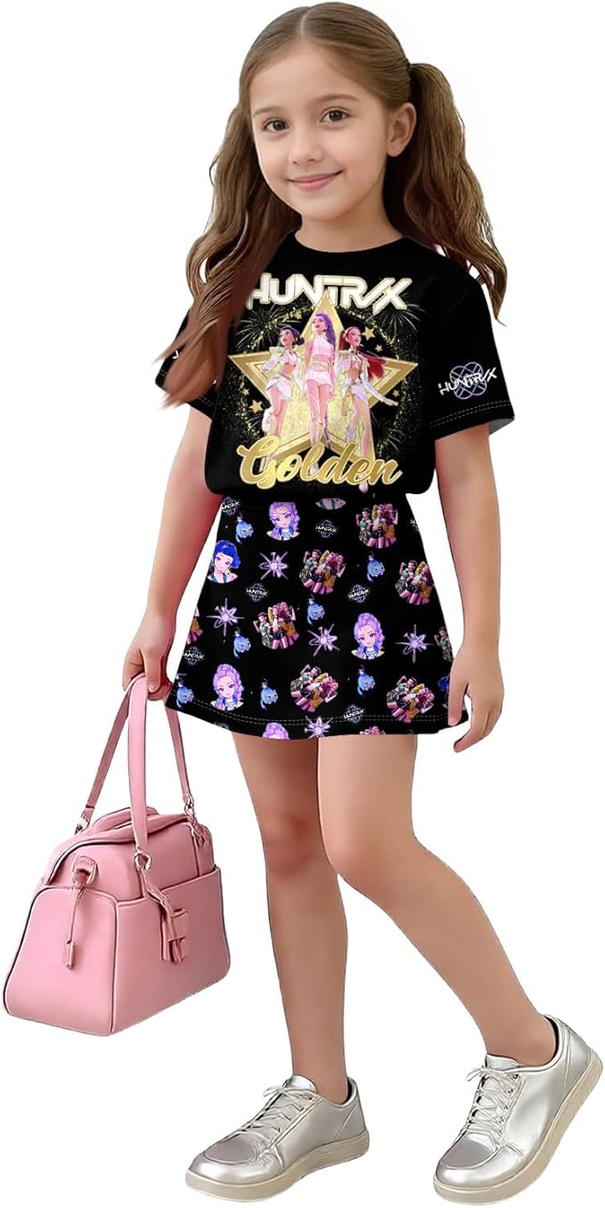 HTHLVMD K Pop Short Sleeve T-Shirt and Skirts Outfits Set for Girls Hunters Rumi Mira Zoey Graphic Tees De-Mon Costume