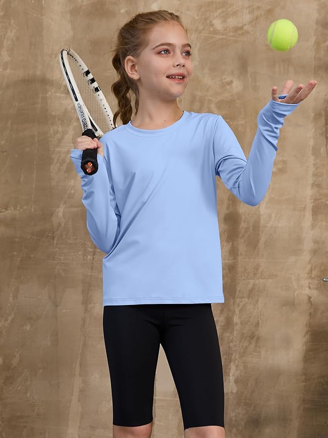 ZDC Girls Long Sleeve Athletic Shirts Kids Crewneck Quick Dry Workout Yoga Tops Basic Tees Activewear