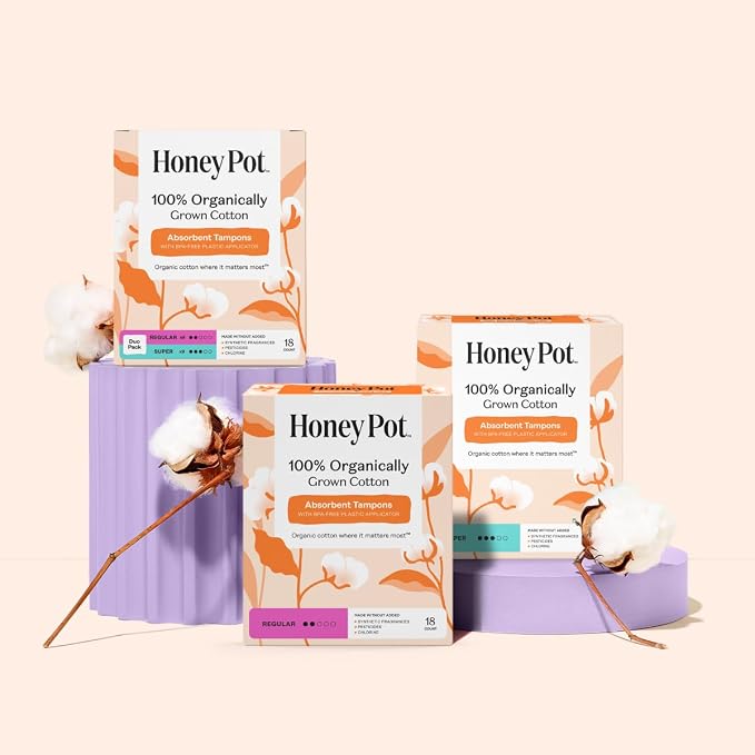The Honey Pot Company - 100% Organic Cotton Tampons - Super Absorbency | Tampons w/BPA Free Plastic Applicator - Unscented - Without Fragrances or Chlorine - Feminine Care - 18ct